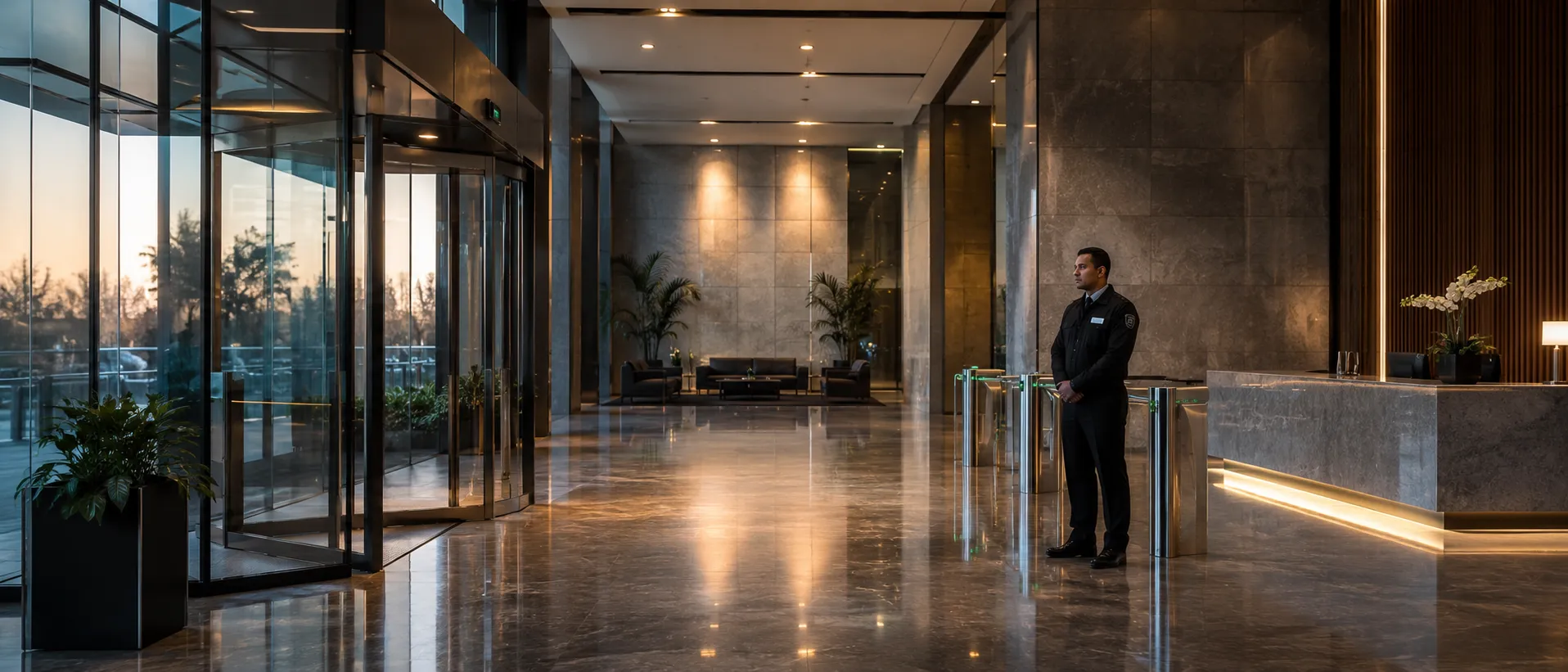 Agent de sécurité CANSPC en poste dans le hall d'un immeuble commercial au crépuscule